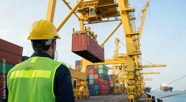 Fototapeta Dock worker overseeing cargo container loading operation at shipping port with crane equipment.