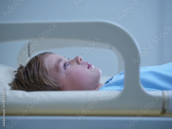Fototapeta Scared child about to undergo MRI scan in hospital bed.