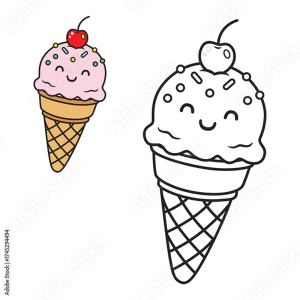 Fototapeta Cute and simple ice cream drawing page for kids. Perfect for coloring fun, learning, and creativity. Ideal for children’s activity books and preschool art projects.