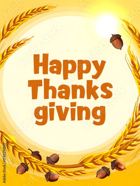 Obraz Thanksgiving Wreath with Wheat Stalks, Acorns, and Golden Greeting