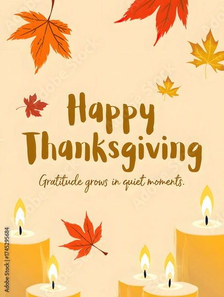 Obraz Thanksgiving Greeting with Autumn Leaves, Candles, and Inspirational Quote