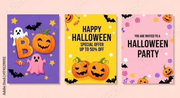 Obraz Vector art of set of halloween party invitation cards with pumpkins, bats and ghosts