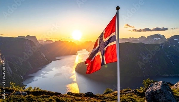 Fototapeta Norwegian flag waving over fjord at sunset (1)