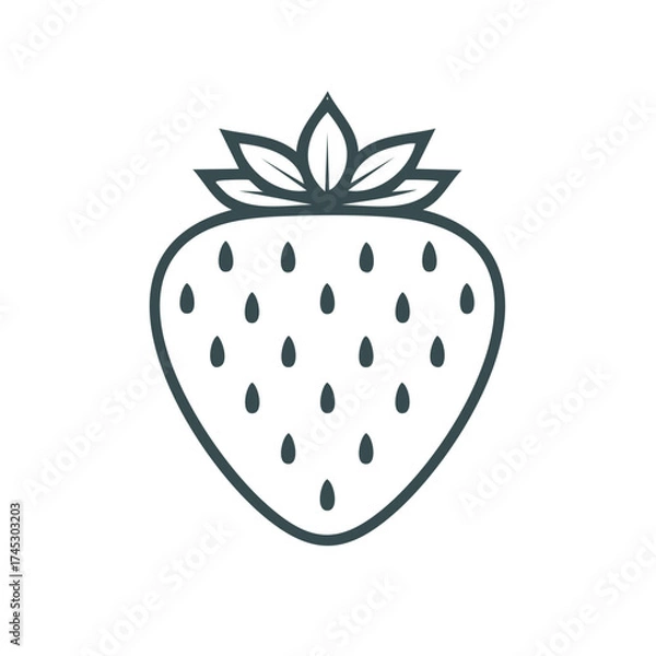 Fototapeta Strawberry fruit icon outline with leaves and seeds; minimalist style design.