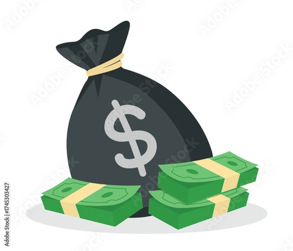 Fototapeta Vector illustration of a bag of money. Clipart on the theme of wealth, finance, savings, and investment. Isolated on white background
