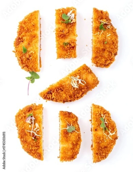 Fototapeta Slices of breaded, golden-brown food, arranged artfully on a white background.  Small,  fresh greens adorn each piece