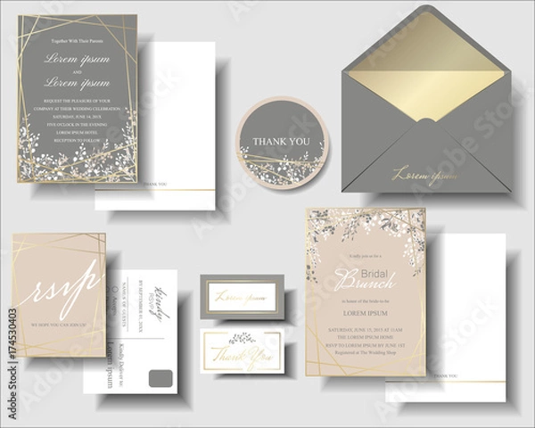 Fototapeta Set of Pink and Gray Color Tone with Little Flowers on Wedding Invitation Card.for Newlywed.Vector/Illustration