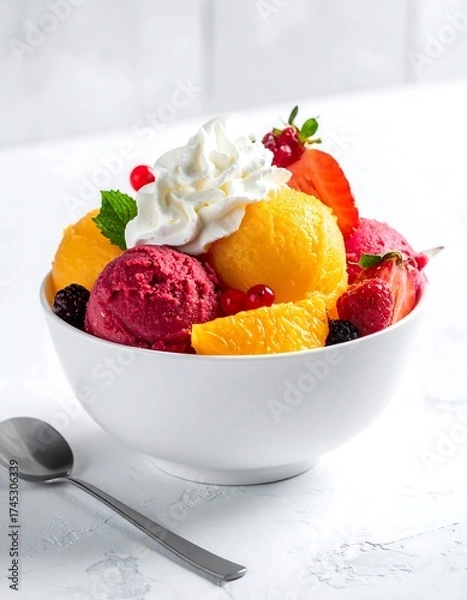 Fototapeta Colorful ice cream sundae in a white bowl, topped with whipped cream and fresh berries