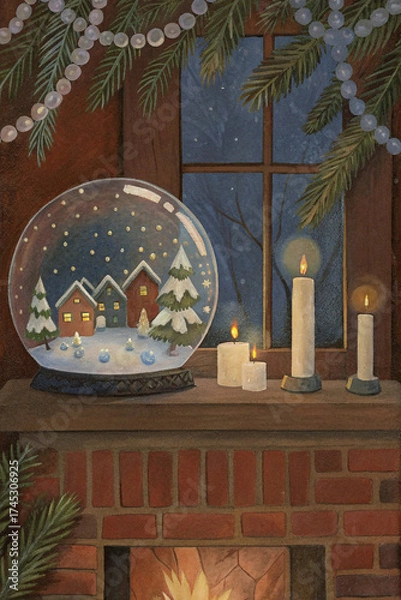 Obraz Christmas Snow Globe with Candles and Garland — Watercolor Illustration
