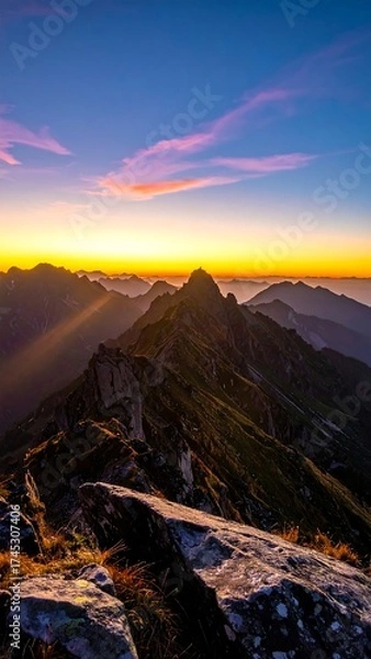 Fototapeta Mountain peaks bathed in sunrise hues.  Vast, jagged mountain ridges stretching into a colorful sunrise sky.  Rocky, foreground outcrop