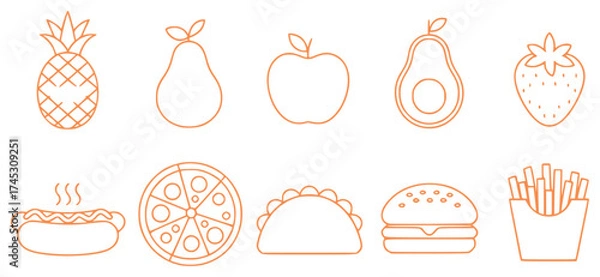 Fototapeta A collection of simple orange line art icons representing various fruits and fast food items