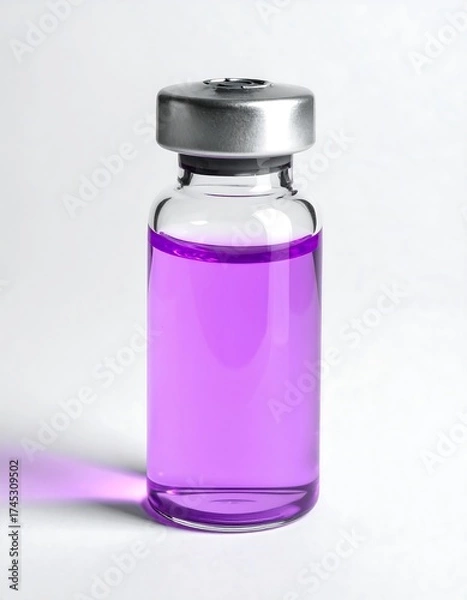 Fototapeta A clear glass vial, filled with a vibrant purple liquid, sits on a plain white background.  Silver cap