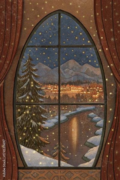 Fototapeta Winter Village View from Window with Christmas Tree — Watercolor Illustration