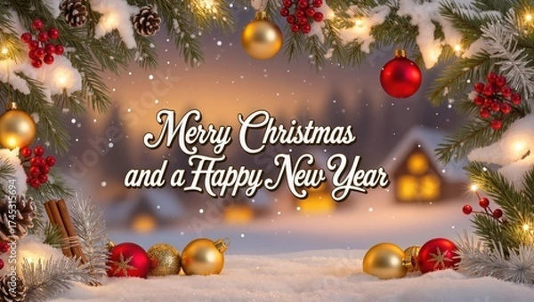 Fototapeta Warm Christmas greeting featuring glowing lights, red and gold ornaments, pine branches, and snow-covered scenery at dusk, creating the cozy winter holiday atmosphere