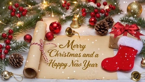 Fototapeta Bright festive Christmas and New Year greeting card arrangement featuring pine branches, red ornaments, golden bells, and the red stocking upon a light wooden table under warm soft lighting