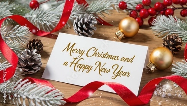 Obraz Festive Christmas greeting card surrounded by pinecones, red ribbon, golden ornaments, and frosted branches upon the wooden table under warm holiday lighting, creating a cheerful seasonal mood