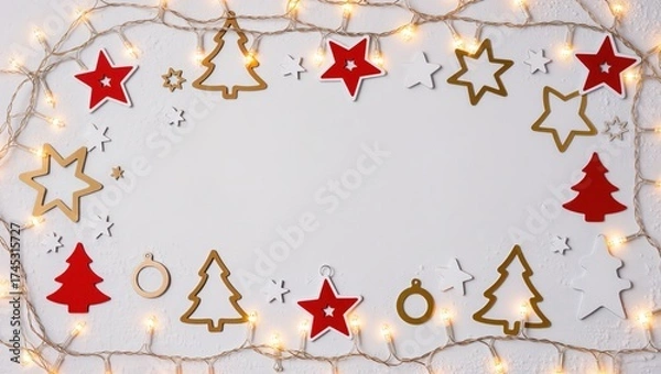 Fototapeta Festive Christmas decorations and glowing string lights arranged upon the white textured background, featuring red, gold, and white stars and tree shapes within a cozy holiday setting