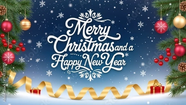 Fototapeta Colorful festive Christmas and New Year greeting card design featuring pine branches, red ornaments, golden ribbon, and snowflakes upon the blue winter background featuring a cheerful holiday mood