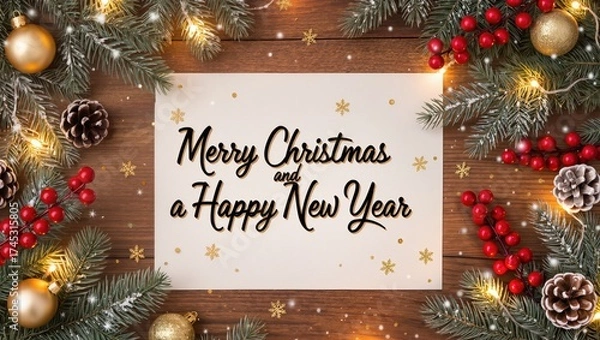 Fototapeta Holiday greeting card featuring Merry Christmas and Happy New Year message surrounded by pine branches, red berries, golden ornaments, and warm lights upon the wooden table