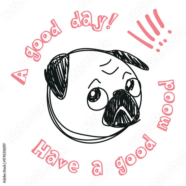 Fototapeta Print A print with a lettering and a pug in sketch for children is design in vector. Vector illustration