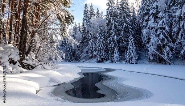 Fototapeta Frozen winter stream in a snowy forest. Sunlight illuminates the snow-covered trees and ice-covered water