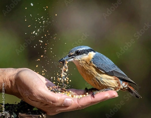 Fototapeta Nuthatch on hand, feeding frenzy