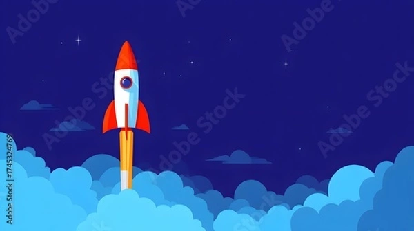 Obraz Illustration of a rocket in space concept. Flat illustration of a rocket in space with clouds, stars and planets