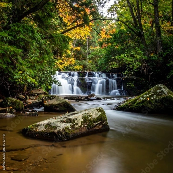 Fototapeta Autumn waterfall cascading over rocks in a lush forest