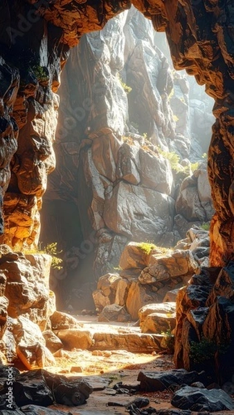Fototapeta Sunlight streams through a rocky canyon's archway