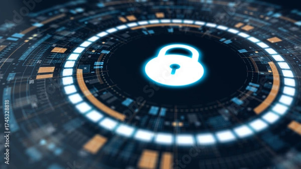 Fototapeta Digital futuristic HUD design with a glowing key symbol in the center, symbolizing access control, encryption, and secure data technology in a cyber environment.