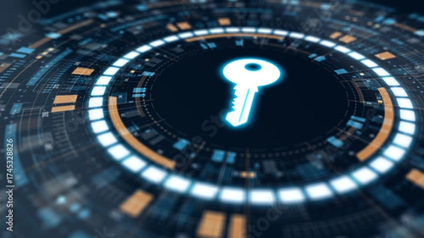 Fototapeta Futuristic HUD interface with a bright digital key icon at the center surrounded by circular geometric graphics, symbolizing secure access and encryption in digital systems.