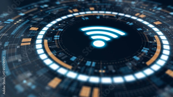 Fototapeta Futuristic HUD interface with glowing WiFi symbol at the center, representing wireless communication, data transfer, and digital network connectivity in a cyber design style.