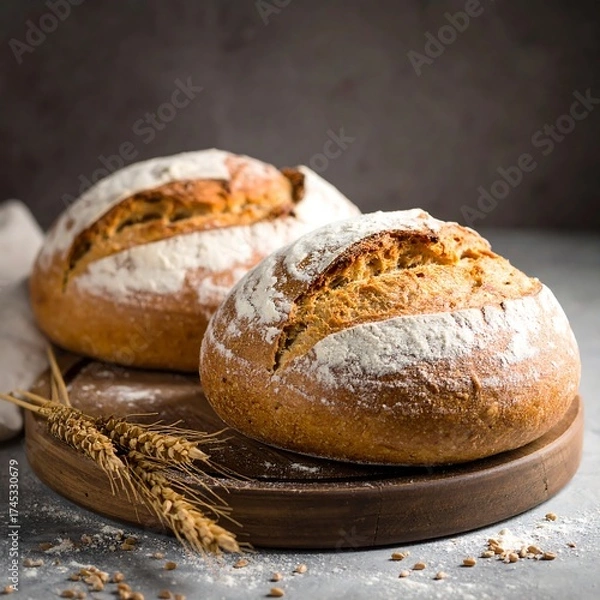 Fototapeta Two rustic loaves of artisan bread on a wooden platter, dusted with flour, alongside wheat sprigs