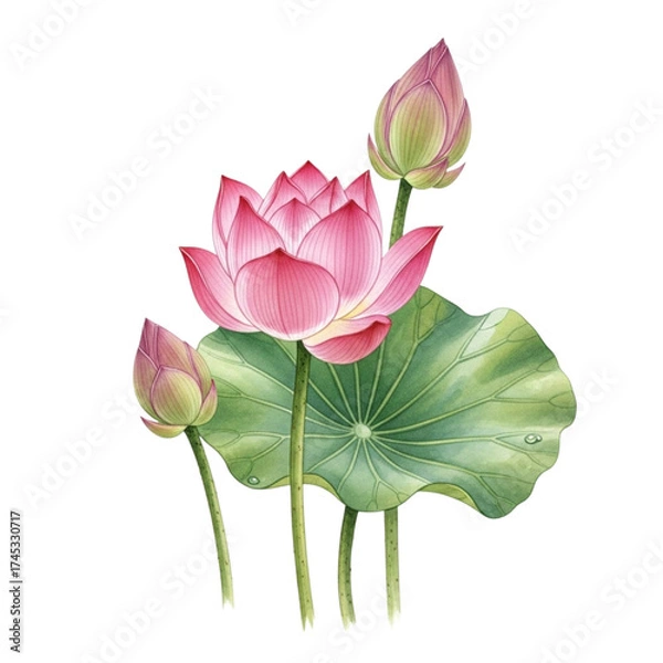 Fototapeta Pink lotus flower with buds and leaves isolated on transparent background