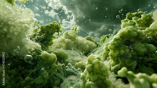 Fototapeta Microscopic world reveals vibrant green cells and bubbles in dynamic fluid