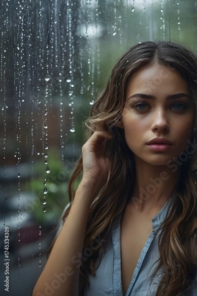 Fototapeta A young girl, sad and depressed, looks out of the window with raindrops on the glass window