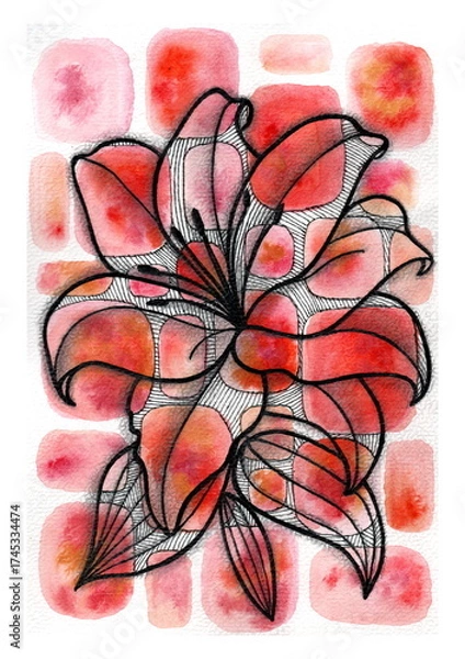 Fototapeta An abstract flower created using mixed media. The background consists of soft watercolor splashes, overlaid with an elegant graphic design—thin black lines form petals and leaves. 