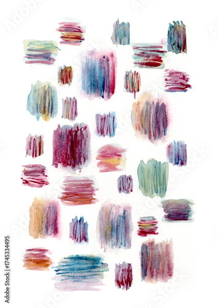 Fototapeta This watercolor illustration is a composition of multiple multicolored brushstrokes of varying shapes and intensities. The color palette includes burgundy, blue, purple, green, and orange hues.