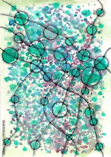 Fototapeta An abstract watercolor composition. Against a background of soft splashes of green, turquoise, blue, and violet, thin black lines intertwine to form a network of round and oval shapes.