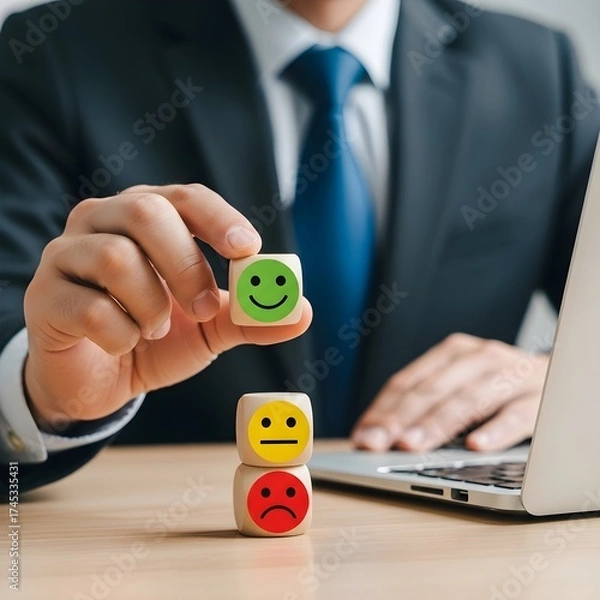 Fototapeta Photo of businessman holding a cube with a happy face, representing customer satisfaction and positive feedback, with neutral and sad faces below