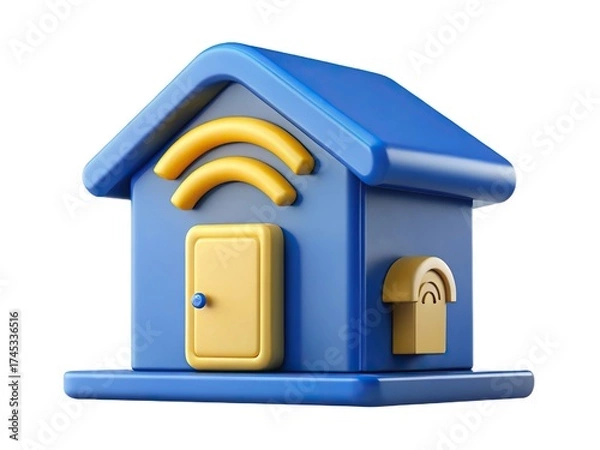Fototapeta Blue 3d smart home icon with wi fi symbol and yellow door