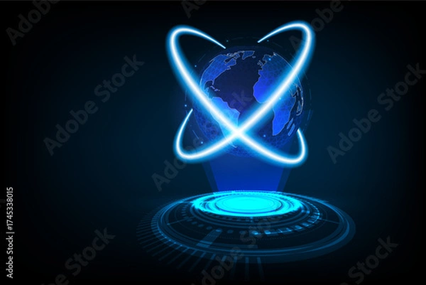 Fototapeta Blue glowing holographic Earth with futuristic digital rings and technology interface design