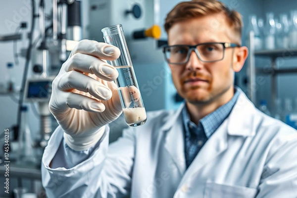 Fototapeta Laboratory testing of water sample for PFAS. Test tube in scientist's hands. Science lab