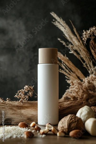 Fototapeta White and beige matte cosmetic bottle on dark gray background, surrounded by macadamia nuts and natural ingredients.