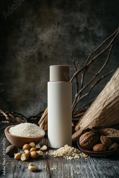 Fototapeta White and beige matte cosmetic bottle on dark gray background, surrounded by macadamia nuts and natural ingredients.