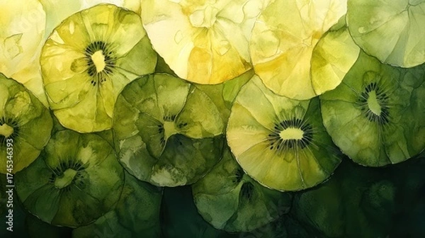 Fototapeta Abstract kiwi slices, watercolor effect, vibrant colors