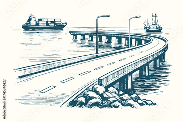 Obraz Long modern bridge stretching over calm sea with ships in background, vintage etching style.