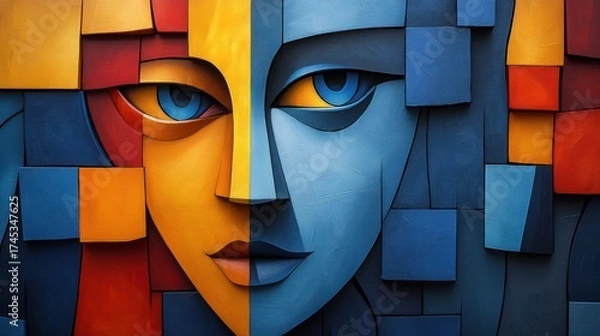 Fototapeta Abstract face, mosaic art, geometric design, vibrant colors, for poster, digital artwork
