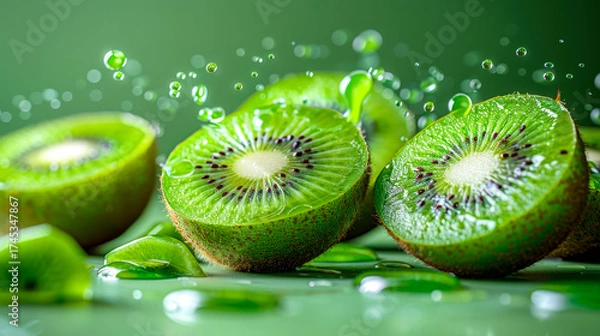 Fototapeta Fresh green kiwi slice with water drops, close-up macro shot showing juicy texture and freshness – 4K image