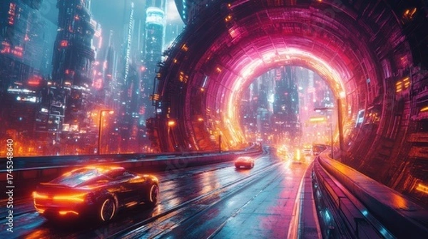 Fototapeta Futuristic city tunnel, vehicles, vibrant lights.  Possible use Stock photo for science fiction, gaming, or design inspiration